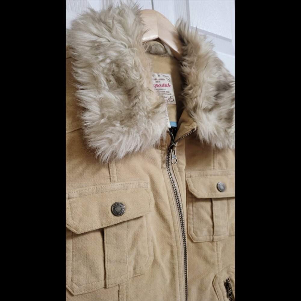 🌿 Aeropostale Women's Large Faux Fur Tan Corduroy Fall Jacket - Picture 6 of 11